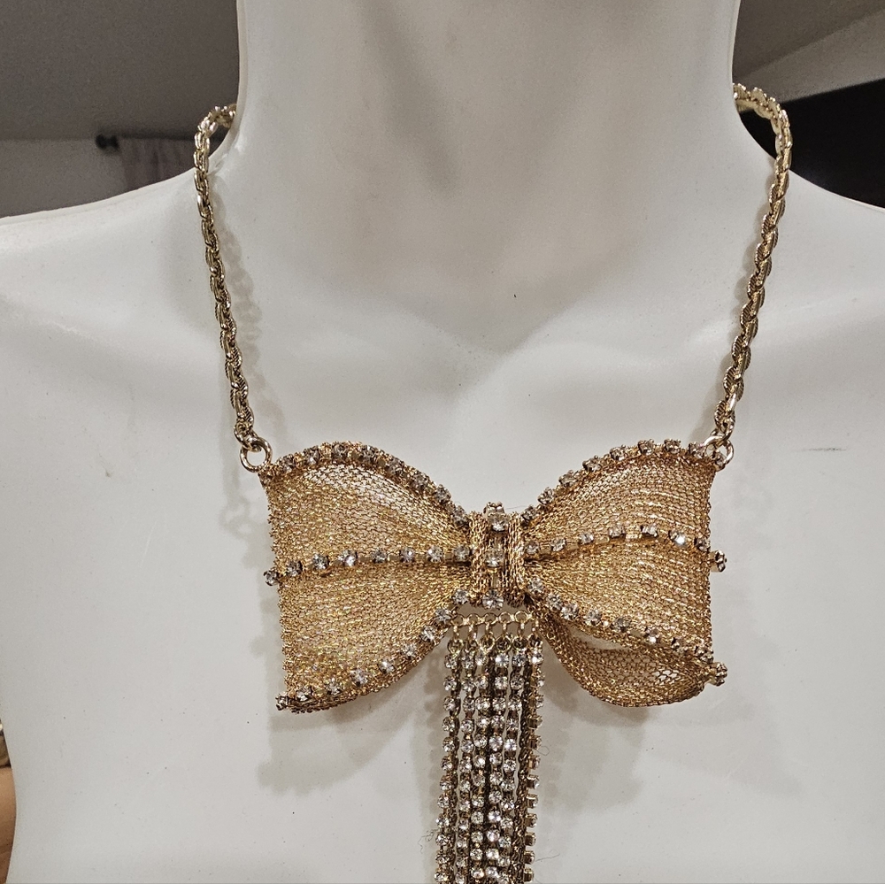 Betsey Johnson Gold Bow Necklace with Rhinestones